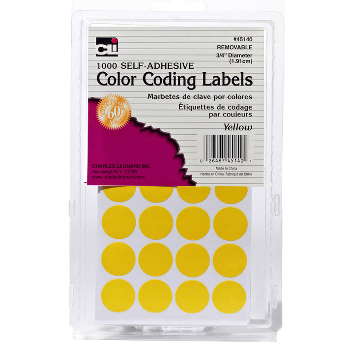 Charles Leonard CHL45140 Color Coding Dots, Self-Adhesive Labels, 0.75 Inch Diameter, Yellow, 1000-Count