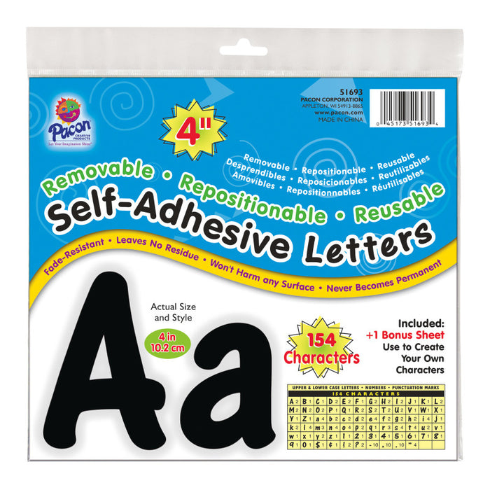 Pacon PAC51693 Self-Adhesive Letters, Black, Cheery Font, 4", 154 Characters