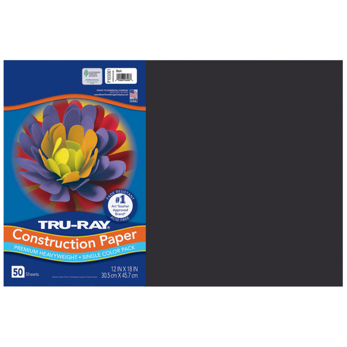 Tru-Ray PAC103061 Construction Paper, Heavyweight, Black, 12" x 18", 50 Sheets