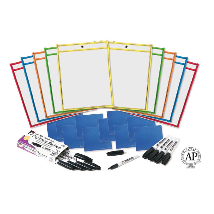 Charles Leonard CHL29130 Reusable Dry Erase Pockets Class Pack with Markers and Cloth Erasers