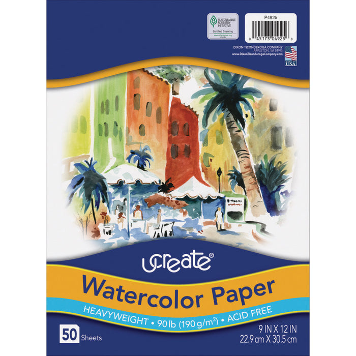 UCreate PAC4925 Watercolor Paper, White, 90lb., 9" x 12", 50 Sheets