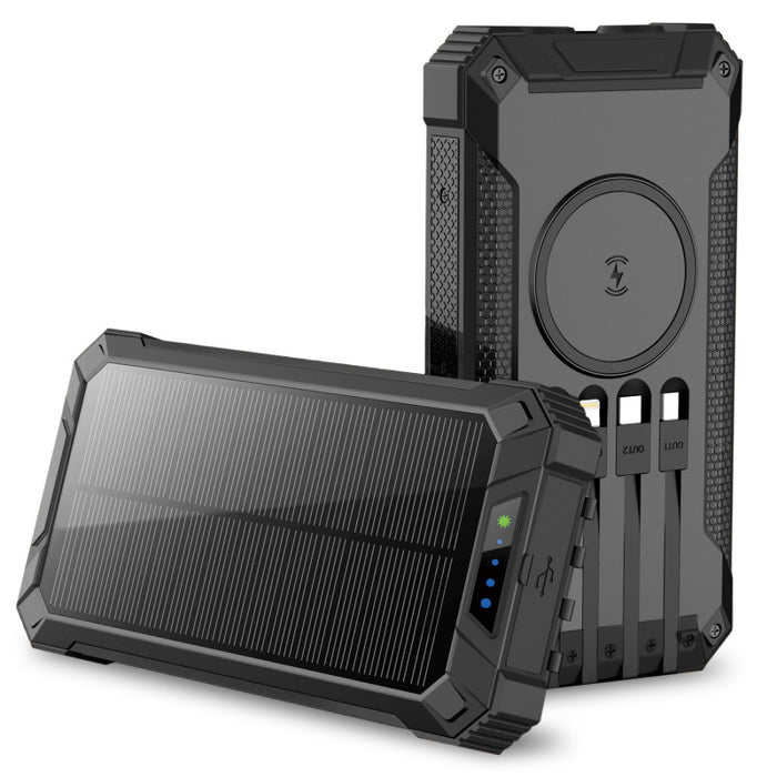 Alpha Digital SGLZL808B 20000mAh Solar Power Bank with Wireless Charging and Built-in Cables, Black