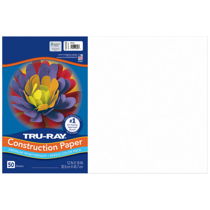 Tru-Ray PAC103058 Construction Paper, Heavyweight, White, 12" x 18", 50 Sheets