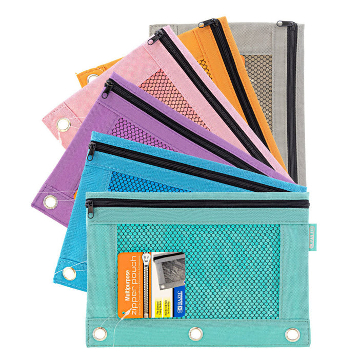 BAZIC Products BAZ810 3-Ring Pencil Pouch with Mesh Window, Retro Pastel Colors, 1 Pouch