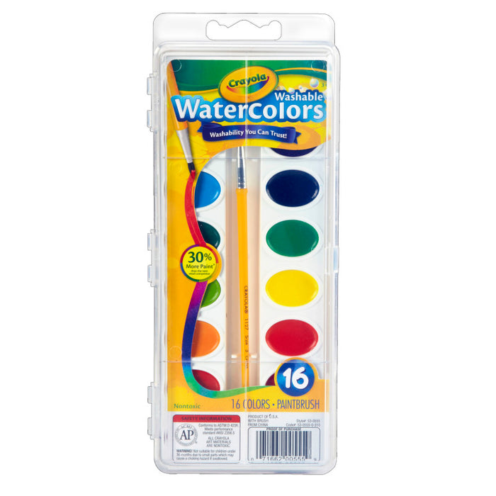 Crayola BIN530555 Washable Watercolors, 16 Semi-Moist Oval Pans & Brush
