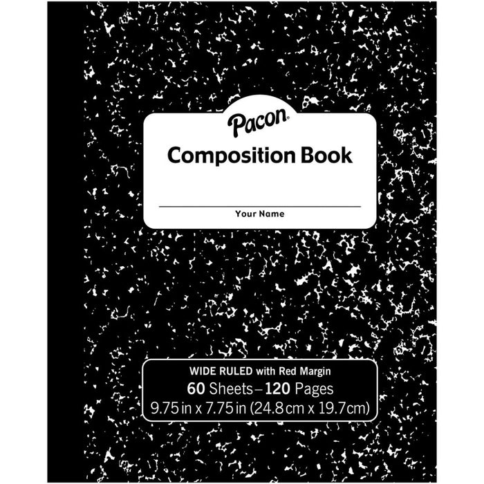 Pacon PACMMK37130 Composition Book, Black Marble, 3/8" Ruled w/Margin, 9-3/4" x 7-3/4", 60 Sheets