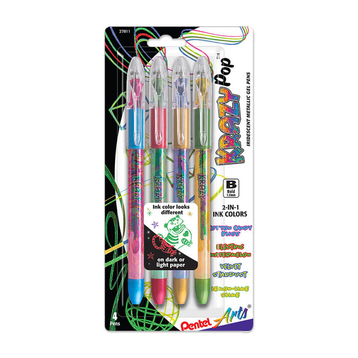 Pentel Arts PTAK91PABP4M3 Krazy Pop Iridescent Gel Pen, 1.0mm Bold line, Assorted Ink (XC/BD/CP/DG), 4-Pack