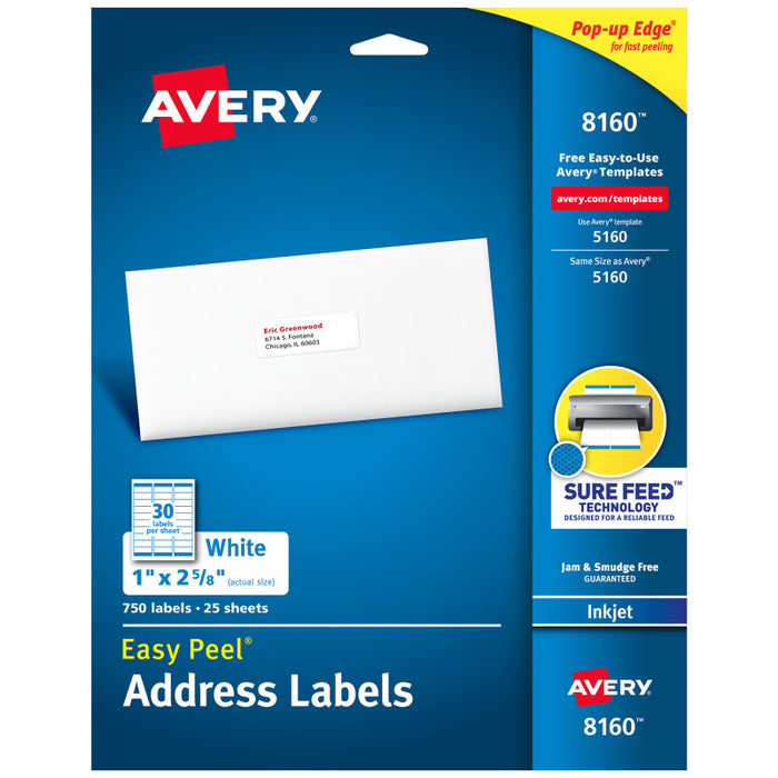 Avery AVE8160 Easy Peel Address Labels, Sure Feed&trade; Technology, Permanent Adhesive, 1" x 2-5/8", 750 Labels