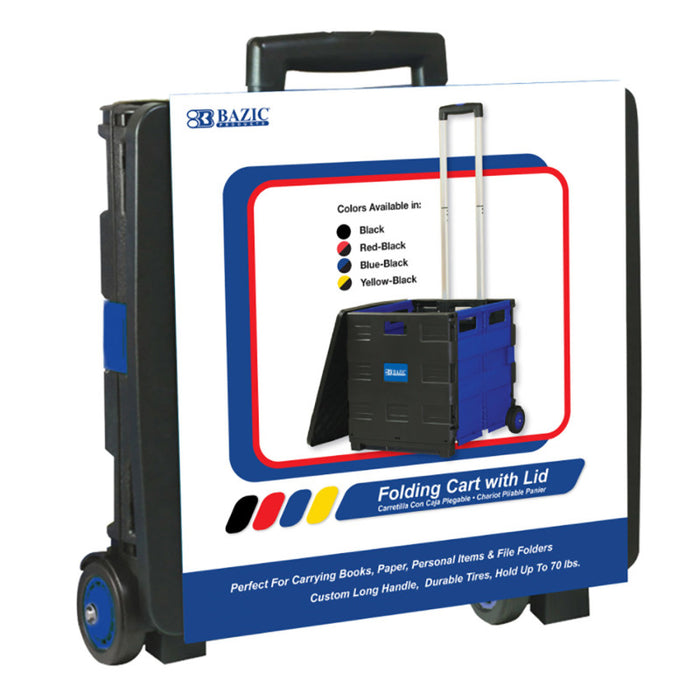 BAZIC Products BAZ2197 Folding Cart on Wheels w/Lid Cover, 16" x 18" x 15", Black/Blue