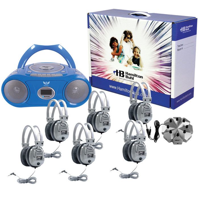 HamiltonBuhl HECWNCCD3856SV 6 Person Listening Center with Bluetooth CD/Cassette/FM Boombox and Deluxe Over-Ear Headphones