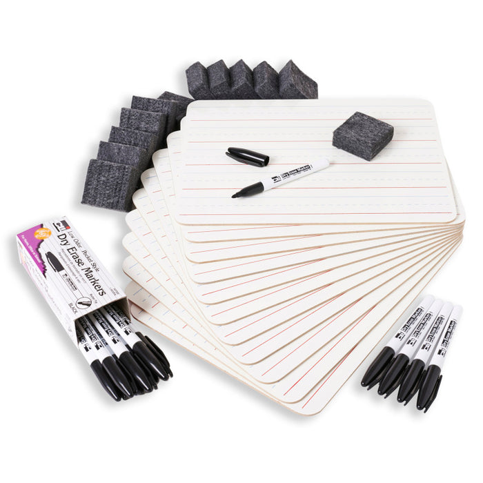 Charles Leonard CHL35045 Magnetic Dry Erase Classpack, Plain/Lined 2-Sided Boards, Markers & Erasers, Pack of 12