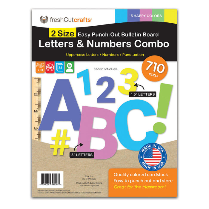 FreshCut Crafts FCC850054391186 Bulletin Board Letters & Numbers, Happy Colors, 1.5in & 3in, 710 Pieces