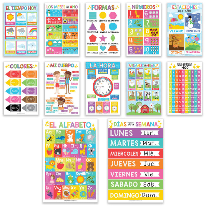 Hadley Designs HDDX004AH66RV Colorful Spanish Preschool Educational Laminated Posters, Set of 12