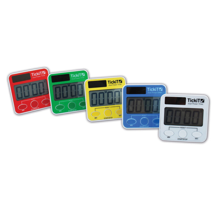 TickiT CTU9500 Dual Power Timers - Set of 5 - Red, Yellow, Green, Blue, White - Solar and Battery Powered Digital Timers