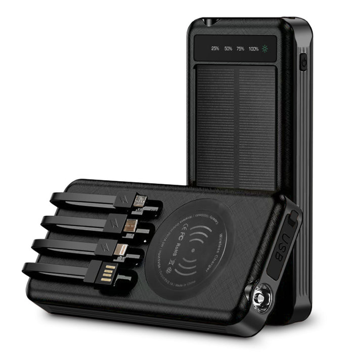 Alpha Digital SGLZL809B 10000mAh Solar Power Bank with Wireless Charging and Built-in Cables, Black