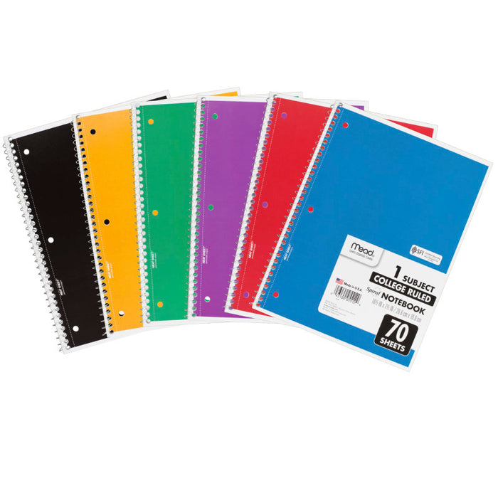 Mead MEA05512 Spiral Notebook, College Ruled, 7.5" x 10.5" 70 Sheets, 1 Subject
