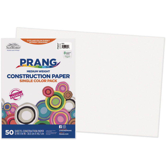 Prang PAC9207 Construction Paper, Medium Weight, White, 12" x 18", 50 Sheets