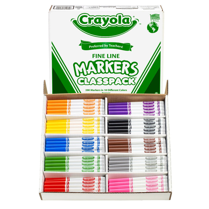 Crayola BIN8210 Non-Washable Classpack Markers, Fine Point, 10 Colors, Pack of 200